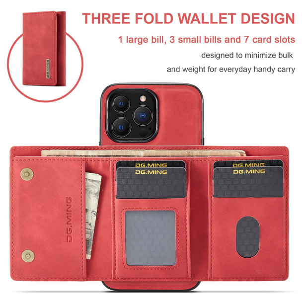 DG.MING M1 Series 3-Fold Multi Card Wallet + Magnetic Shockproof Case with Holder Function - iPhone 13 Pro(Red)