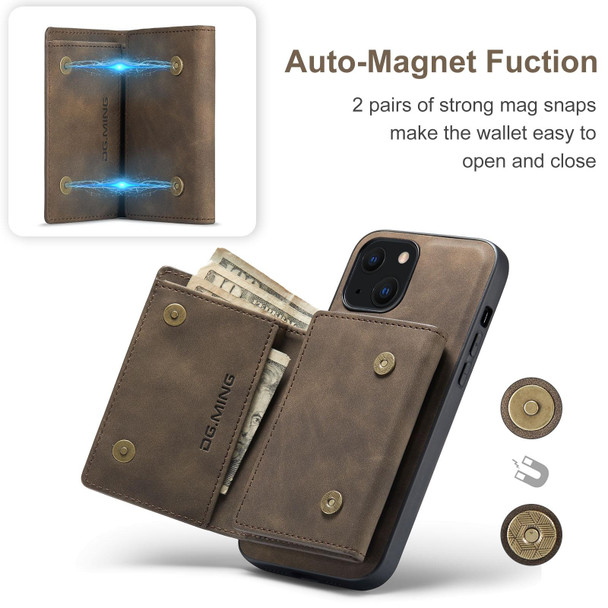 DG.MING M1 Series 3-Fold Multi Card Wallet + Magnetic Shockproof Case with Holder Function - iPhone 13 mini(Coffee)