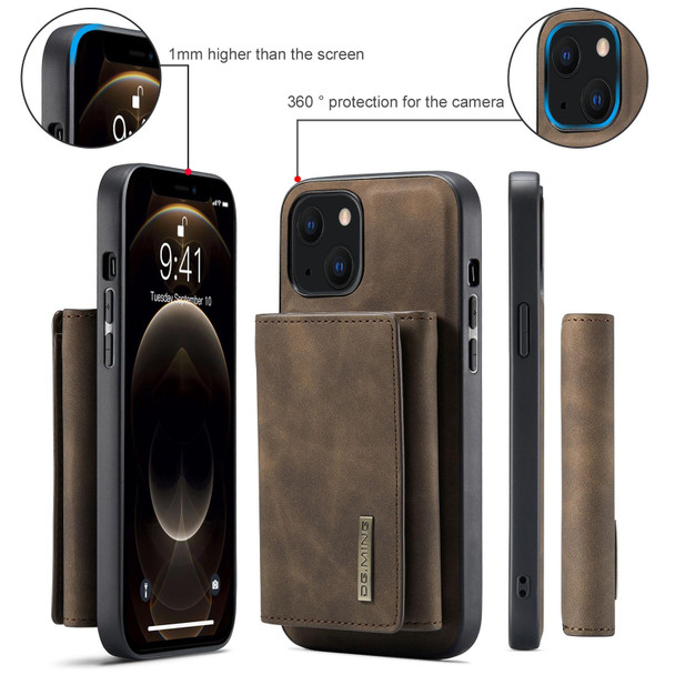 DG.MING M1 Series 3-Fold Multi Card Wallet + Magnetic Shockproof Case with Holder Function - iPhone 13 mini(Coffee)