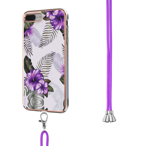 Electroplating Pattern IMD TPU Shockproof Case with Neck Lanyard - iPhone 8 Plus / 7 Plus(Purple Flower)