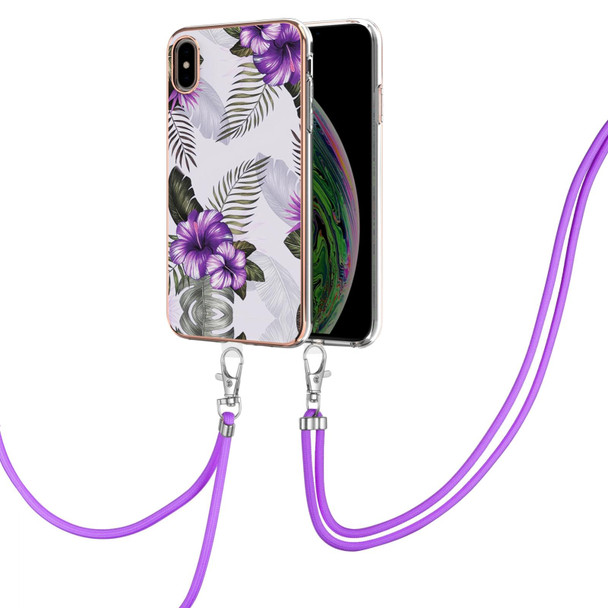 Electroplating Pattern IMD TPU Shockproof Case with Neck Lanyard - iPhone XS Max(Purple Flower)