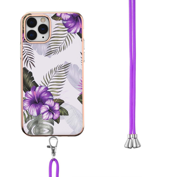 Electroplating Pattern IMD TPU Shockproof Case with Neck Lanyard - iPhone 11 Pro Max(Purple Flower)