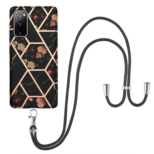 Samsung Galaxy S20 FE 5G / 4G Electroplating Splicing Marble Flower Pattern TPU Shockproof Case with Lanyard(Black Flower)