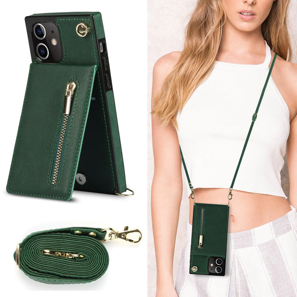 Cross-body Zipper Square TPU+PU Back Cover Case with Holder & Card Slots & Wallet & Strap - iPhone 12 / 12 Pro(Green)