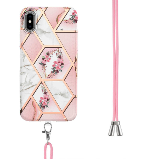 Electroplating Splicing Marble Flower Pattern TPU Shockproof Case with Lanyard - iPhone XS Max(Pink Flower)