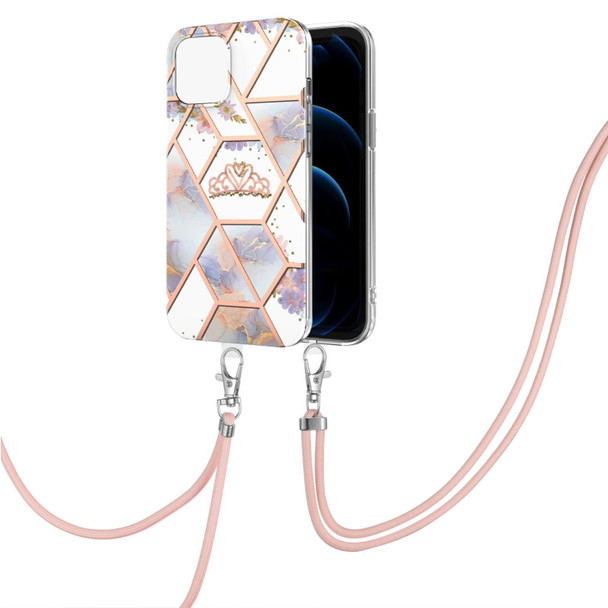 Electroplating Splicing Marble Flower Pattern TPU Shockproof Case with Lanyard - iPhone 13 Pro Max(Imperial Crown)