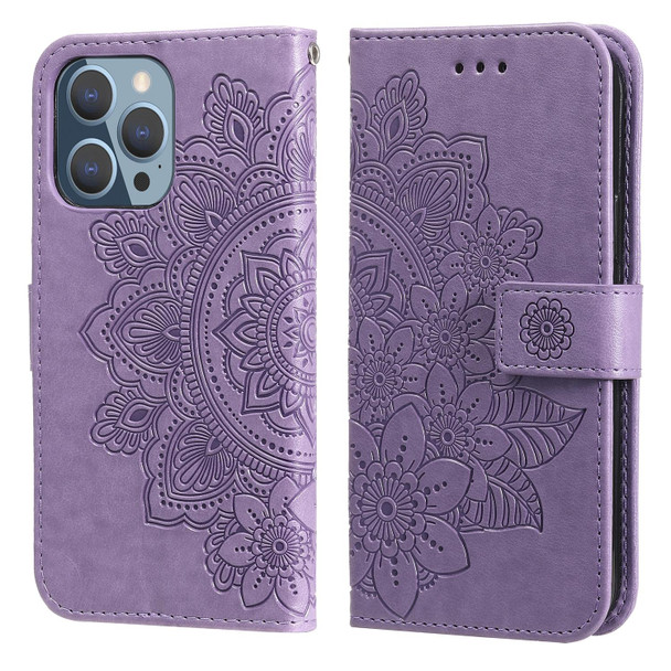 7-petal Flowers Embossing Pattern Horizontal Flip PU Leatherette Case with Holder & Card Slots & Wallet & Photo Frame - iPhone 13 Pro(Light Purple)