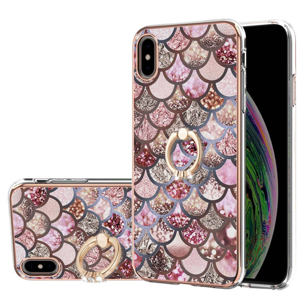 Electroplating Pattern IMD TPU Shockproof Case with Rhinestone Ring Holder - iPhone X / XS(Pink Scales)