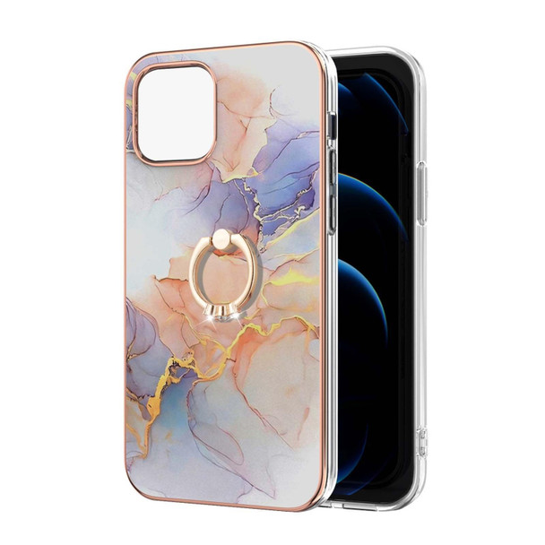 Electroplating Pattern IMD TPU Shockproof Case with Rhinestone Ring Holder - iPhone 13 Pro(Milky Way White Marble)