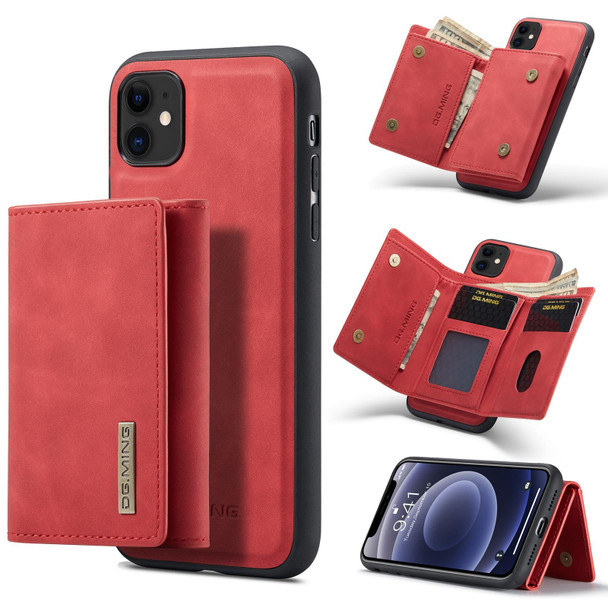 DG.MING M1 Series 3-Fold Multi Card Wallet + Magnetic Back Cover Shockproof Case with Holder Function - iPhone 11(Red)