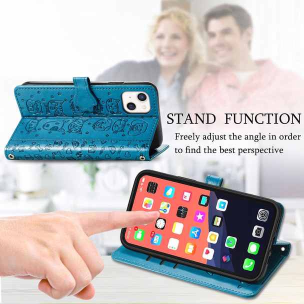Cute Cat and Dog Embossed Horizontal Flip Leatherette Case with Holder & Card Slots & Wallet & Lanyard - iPhone 13 mini(Blue)