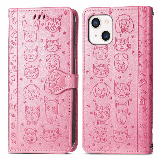 Cute Cat and Dog Embossed Horizontal Flip Leatherette Case with Holder & Card Slots & Wallet & Lanyard - iPhone  13(Pink)