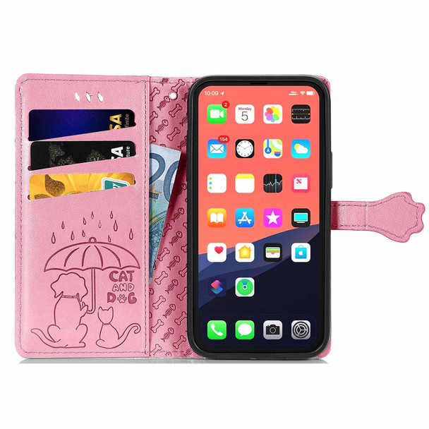 Cute Cat and Dog Embossed Horizontal Flip Leatherette Case with Holder & Card Slots & Wallet & Lanyard - iPhone 13 Pro(Pink)