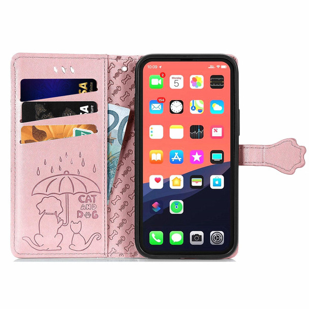 Cute Cat and Dog Embossed Horizontal Flip Leatherette Case with Holder & Card Slots & Wallet & Lanyard - iPhone 13 Pro(Rose Gold)