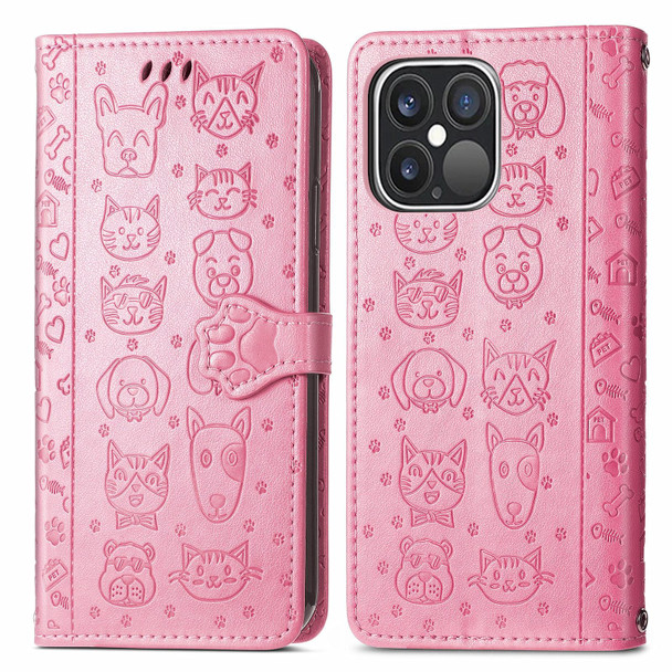 Cute Cat and Dog Embossed Horizontal Flip Leatherette Case with Holder & Card Slots & Wallet & Lanyard - iPhone 13 Pro Max(Pink)