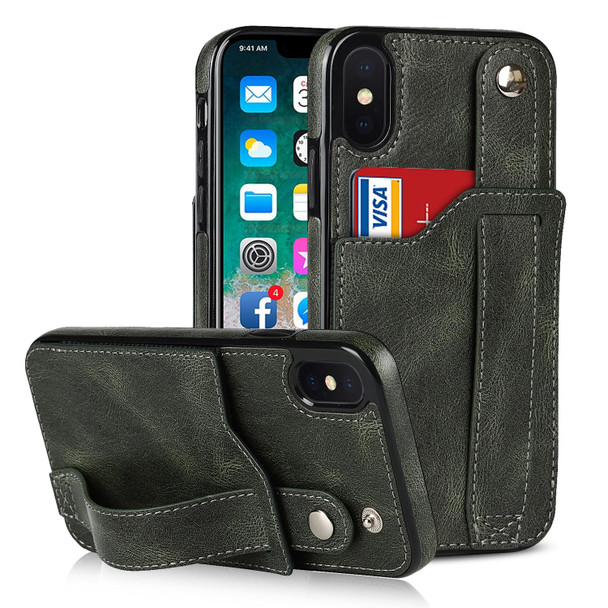 Crazy Horse Texture Shockproof TPU + PU Leatherette Case with Card Slot & Wrist Strap Holder - iPhone XS Max(Emerald Green)