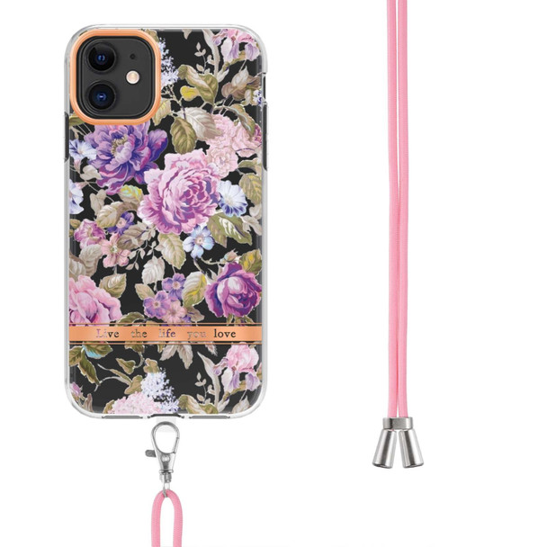 Flowers Series TPU Phone Case with Lanyard - iPhone 11(Purple Peony)
