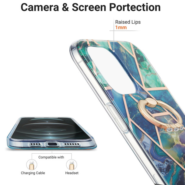 Electroplating Splicing Marble Pattern Dual-side IMD TPU Shockproof Case with Ring Holder - iPhone 13 Pro(Blue Green)