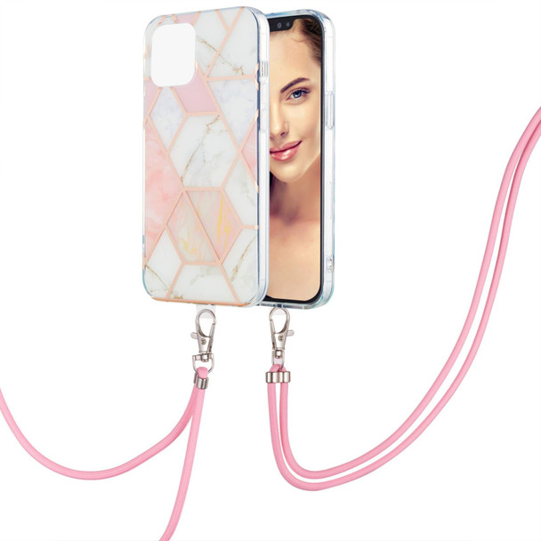 Electroplating Splicing Marble Pattern Dual-side IMD TPU Shockproof Case with Neck Lanyard - iPhone 13 Pro(Pink White)