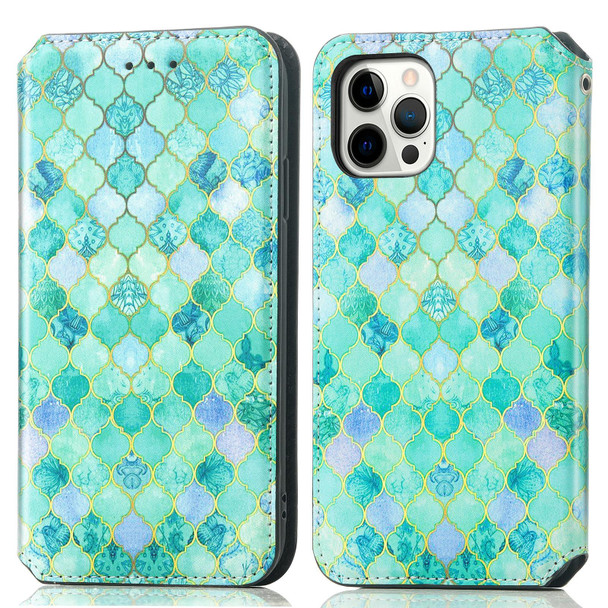 Colored Drawing Magnetic Horizontal Flip PU Leatherette Case with Holder & Card Slots & Wallet - iPhone 12 / 12 Pro(Emerald Stone)