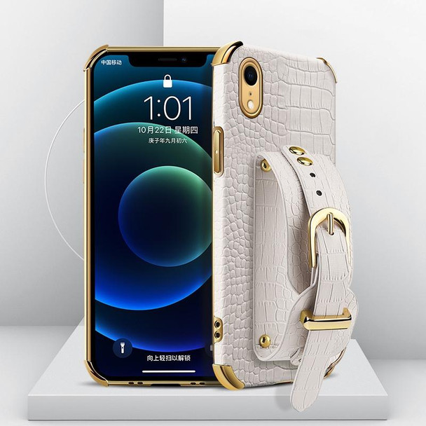 Electroplated TPU Crocodile Pattern Leatherette Case with Wrist Strap - iPhone XR(White)