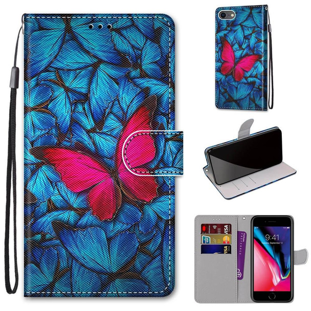 Coloured Drawing Cross Texture Horizontal Flip PU Leatherette Case with Holder & Card Slots & Wallet & Lanyard - iPhone SE 2022 / SE 2020 / 8 / 7(Blue Red Butterfly)