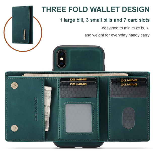 DG.MING M1 Series 3-Fold Multi Card Wallet + Magnetic Back Cover Shockproof Case with Holder Function - iPhone XS Max(Green)
