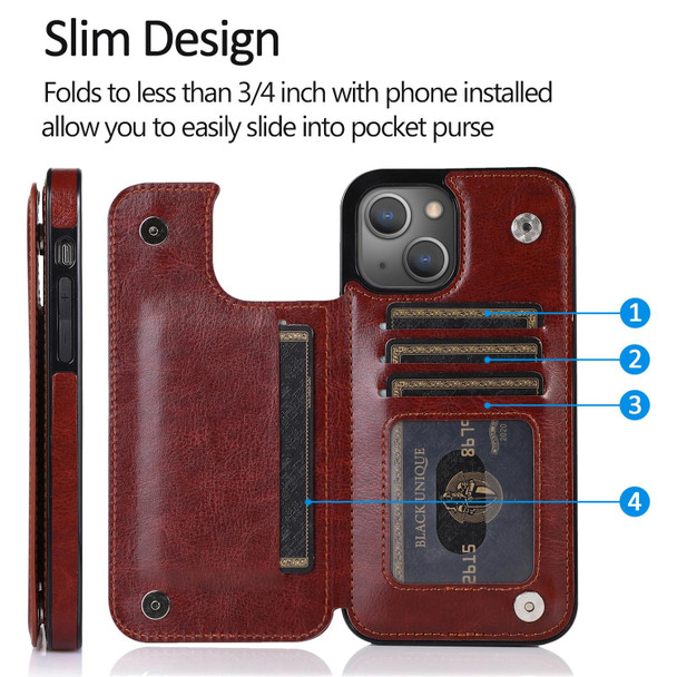 Double Buckle Shockproof PU Protective Case with Card Slots & Holder - iPhone 13 Pro(Brown)