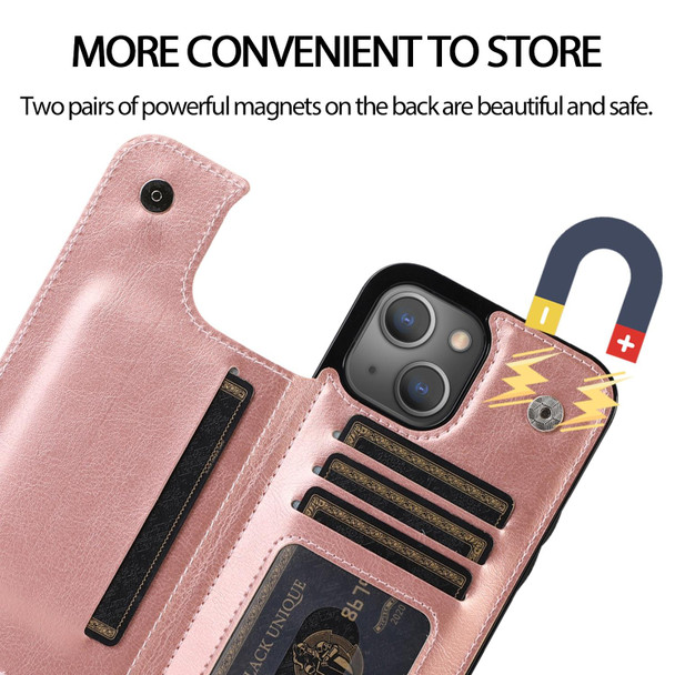 Double Buckle Shockproof PU Protective Case with Card Slots & Holder - iPhone 13 Pro(Rose Gold)