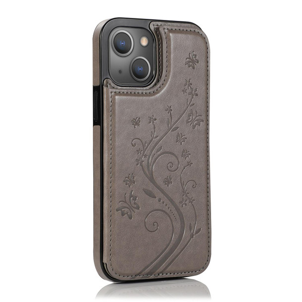 Butterflies Flowers Double Buckle PU + TPU Protective Case with Holder & Card Slots & Photo Frame - iPhone 13(Grey)