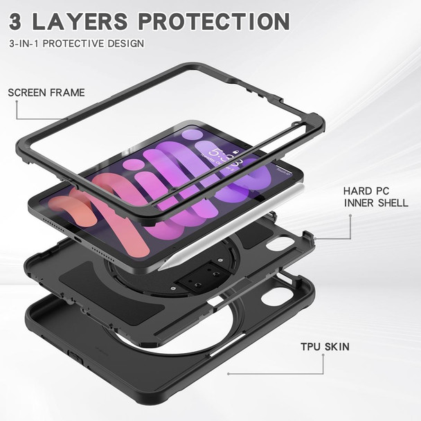 360 Degree Rotation PC + TPU Protective Tablet Case with Holder & Hand-strap - iPad mini 6(Black)