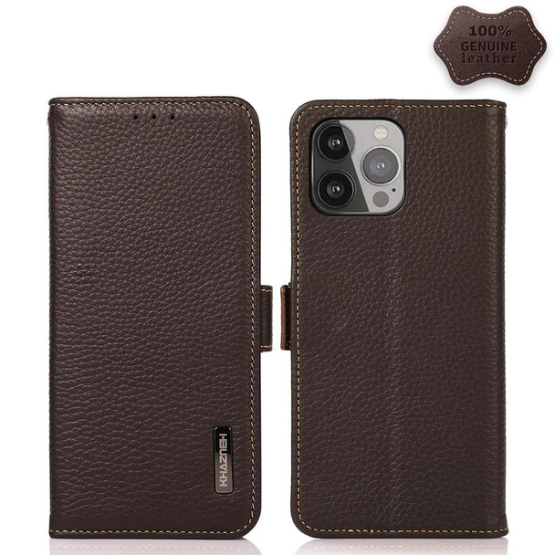 KHAZNEH Side-Magnetic Litchi Genuine Leather RFID Case - iPhone 13 Pro Max(Brown)