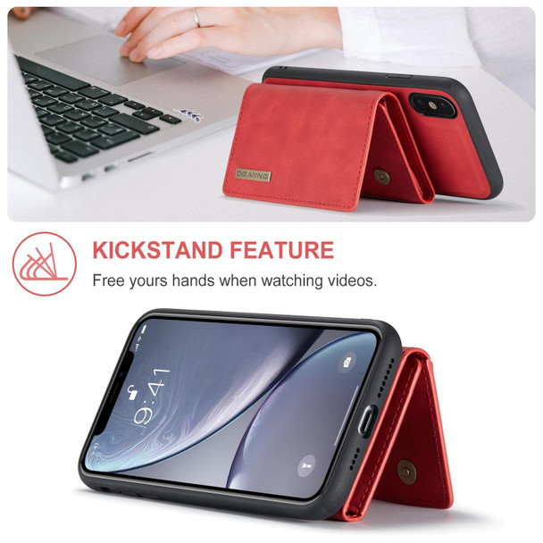 DG.MING M1 Series 3-Fold Multi Card Wallet + Magnetic Back Cover Shockproof Case with Holder Function - iPhone XS(Red)