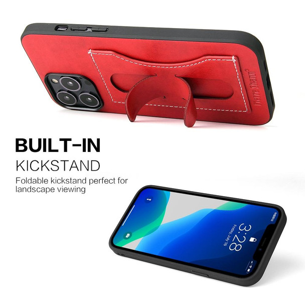 Fierre Shann Full Coverage Protective Leatherette Case with Holder & Card Slot - iPhone 13 Mini(Red)