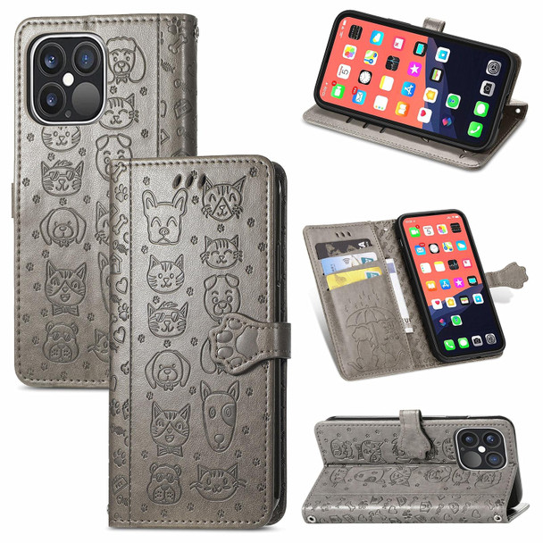 Cute Cat and Dog Embossed Horizontal Flip Leatherette Case with Holder & Card Slots & Wallet & Lanyard - iPhone 13 Pro(Gray)