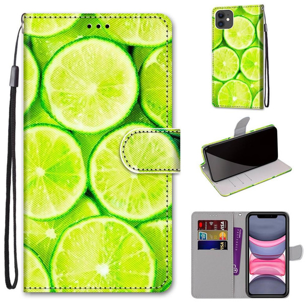 Coloured Drawing Cross Texture Horizontal Flip PU Leatherette Case with Holder & Card Slots & Wallet & Lanyard - iPhone 11(Green Lemon)