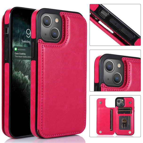 Double Buckle Shockproof PU Protective Case with Card Slots & Holder - iPhone 13(Rose Red)