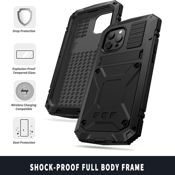 R-JUST Shockproof Waterproof Dust-proof Metal + Silicone Protective Case with Holder - iPhone 13(Black)