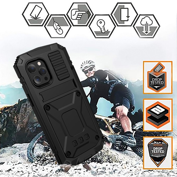 R-JUST Shockproof Waterproof Dust-proof Metal + Silicone Protective Case with Holder - iPhone 13(Black)