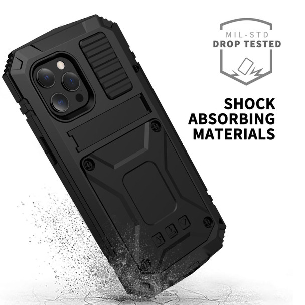 R-JUST Shockproof Waterproof Dust-proof Metal + Silicone Protective Case with Holder - iPhone 13(Black)