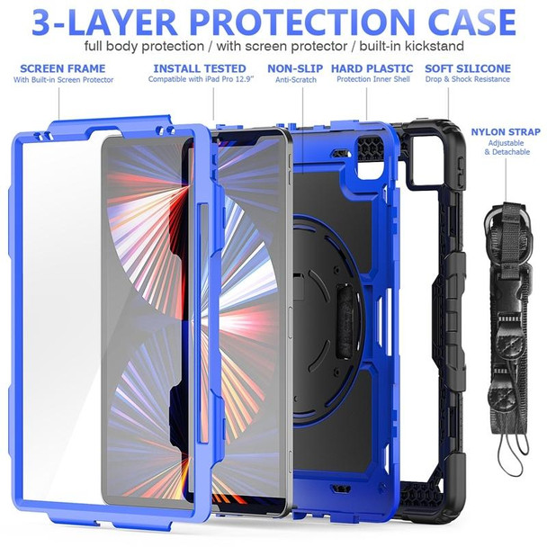 Shockproof Colorful Silicone + PC Protective Tablet Case with Holder & Shoulder Strap & Hand Strap & Pen Slot - iPad Pro 12.9 2021 / 2020 / 2018(Blue PC+Black)