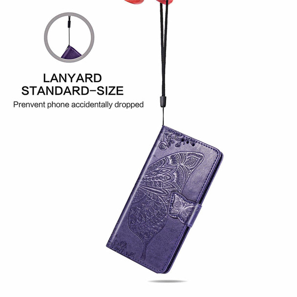 Butterfly Love Flower Embossed Horizontal Flip Leatherette Case with Bracket / Card Slot / Wallet / Lanyard - iPhone 13 Pro(Dark Purple)