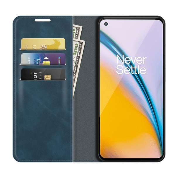 OnePlus Nord 2 5G Retro-skin Business Magnetic Suction Leather Case with Holder & Card Slots & Wallet(Dark Blue)