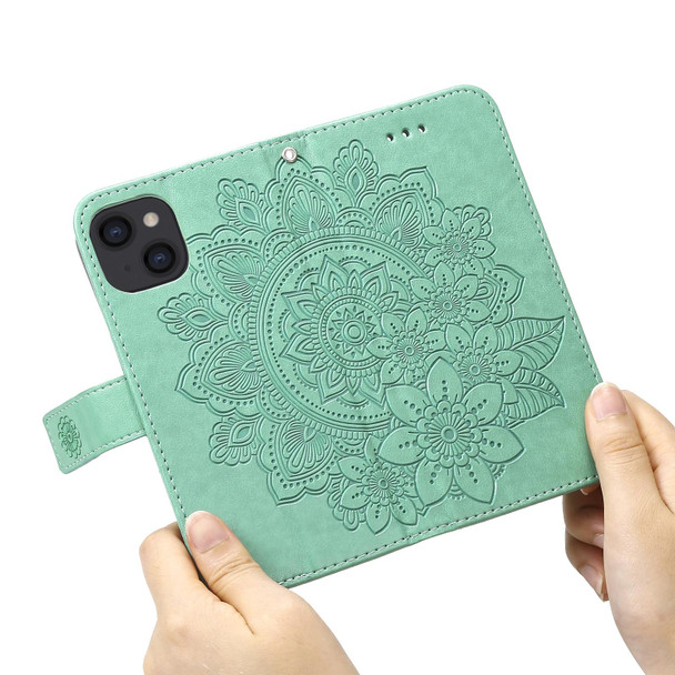 7-petal Flowers Embossing Pattern Horizontal Flip PU Leatherette Case with Holder & Card Slots & Wallet & Photo Frame - iPhone 13(Green)