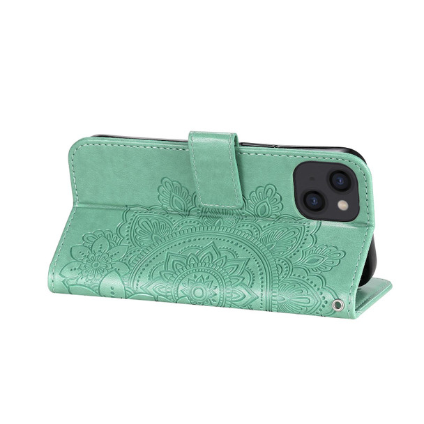 7-petal Flowers Embossing Pattern Horizontal Flip PU Leatherette Case with Holder & Card Slots & Wallet & Photo Frame - iPhone 13(Green)