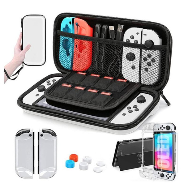 Game Console Crystal Shell Remote Sensing Cap Tempered Film Storage Bag Set - Switch OLED Console Storage Bag+Crystal Case+Rocker Capx6+Tempered Film