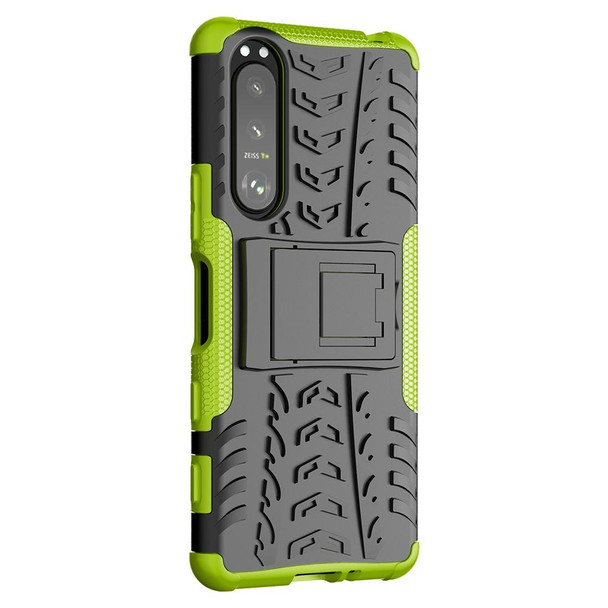 Sony Xperia 5 III Tire Texture Shockproof TPU+PC Protective Case with Holder(Green)