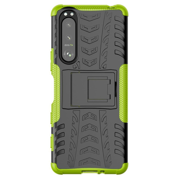 Sony Xperia 5 III Tire Texture Shockproof TPU+PC Protective Case with Holder(Green)