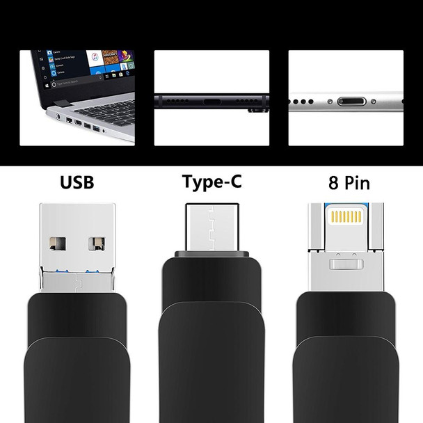 64GB USB 3.0 + 8 Pin + USB-C / Type-C 3 in 1 Mobile Computer Metal U-Disk(Silver)