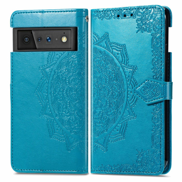 Google Pixel 6 Pro Mandala Flower Embossed Horizontal Flip Leather Case with Holder & Three Card Slots & Wallet & Lanyard(Blue)